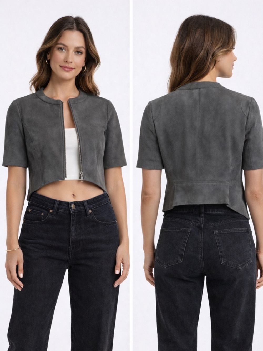 Chic Gray Women's Genuine Leather Blazer